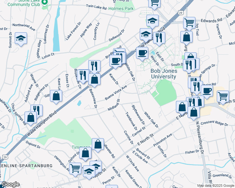 map of restaurants, bars, coffee shops, grocery stores, and more near 44 Buena Vista Avenue in Greenville