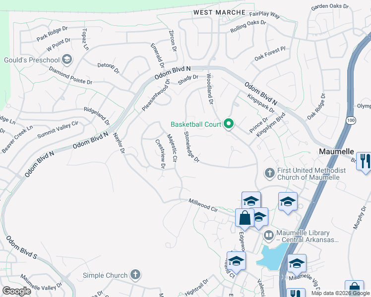 map of restaurants, bars, coffee shops, grocery stores, and more near 47 Stoneledge Drive in Maumelle