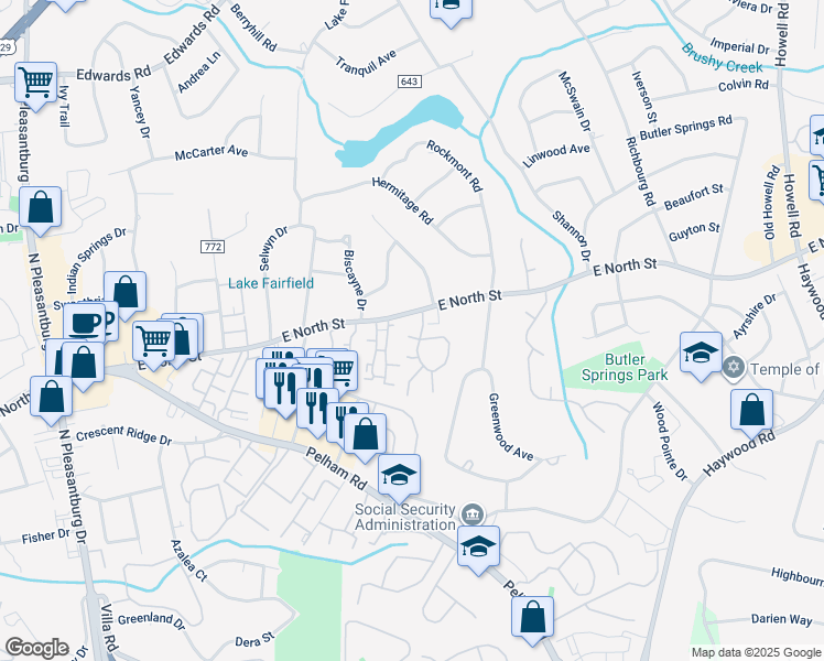 map of restaurants, bars, coffee shops, grocery stores, and more near 2950 Ramblewood Apartment in Greenville