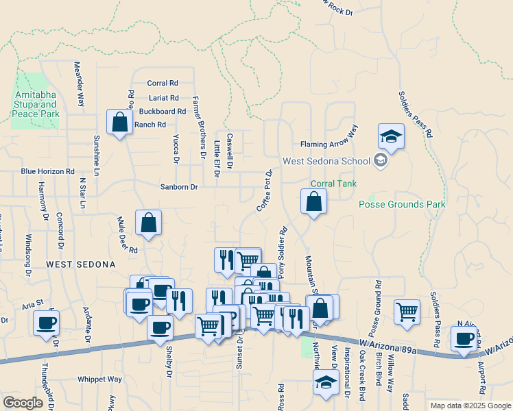 map of restaurants, bars, coffee shops, grocery stores, and more near 445 Coffee Pot Drive in Sedona
