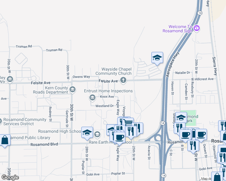 map of restaurants, bars, coffee shops, grocery stores, and more near 3425 Starjet Street in Rosamond