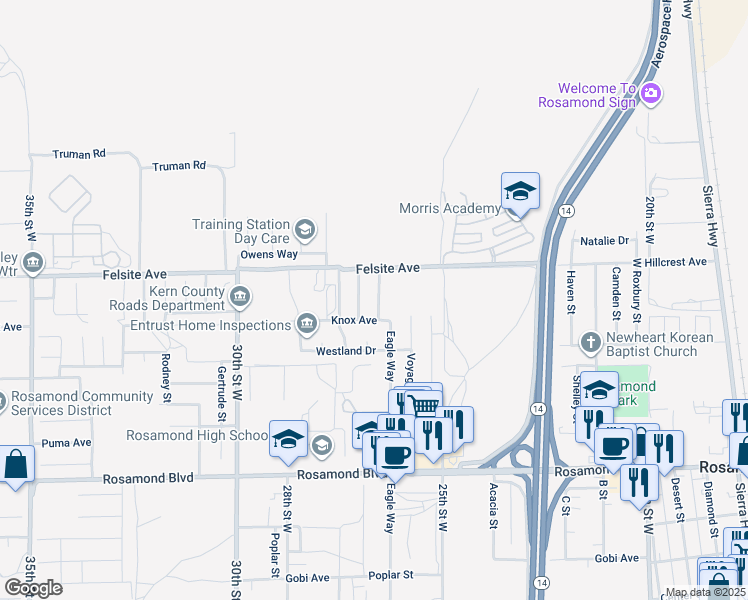 map of restaurants, bars, coffee shops, grocery stores, and more near 3425 Starjet Street in Rosamond
