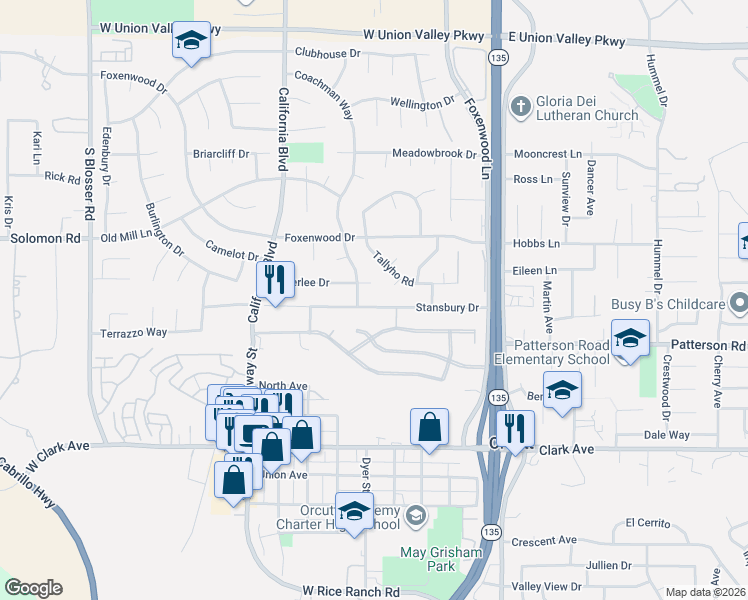 map of restaurants, bars, coffee shops, grocery stores, and more near 496 Doverlee Drive in Santa Maria