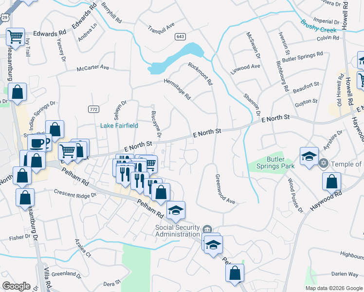 map of restaurants, bars, coffee shops, grocery stores, and more near 2950 Ramblewood Apartment in Greenville