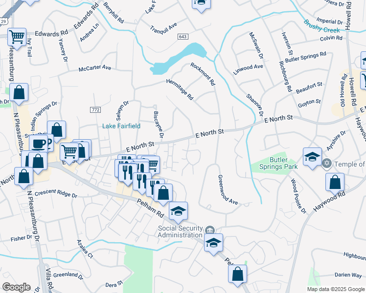 map of restaurants, bars, coffee shops, grocery stores, and more near 2950 Ramblewood Apartment in Greenville