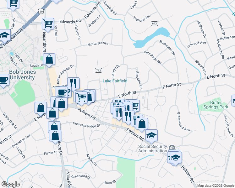 map of restaurants, bars, coffee shops, grocery stores, and more near 3 Selwyn Drive in Greenville