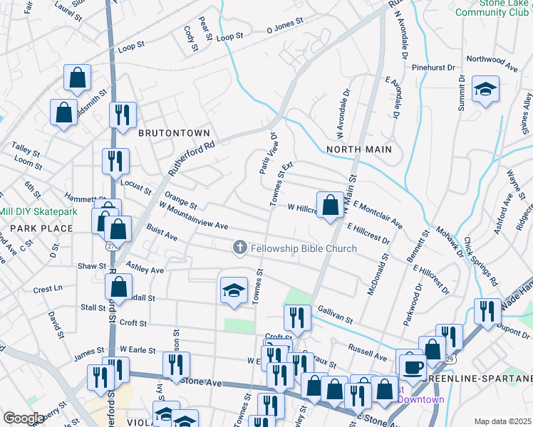 map of restaurants, bars, coffee shops, grocery stores, and more near 301 Townes Street Ext in Travelers Rest
