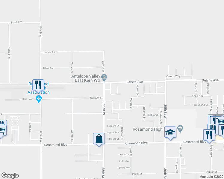 map of restaurants, bars, coffee shops, grocery stores, and more near 3448 Citrine Lane in Rosamond