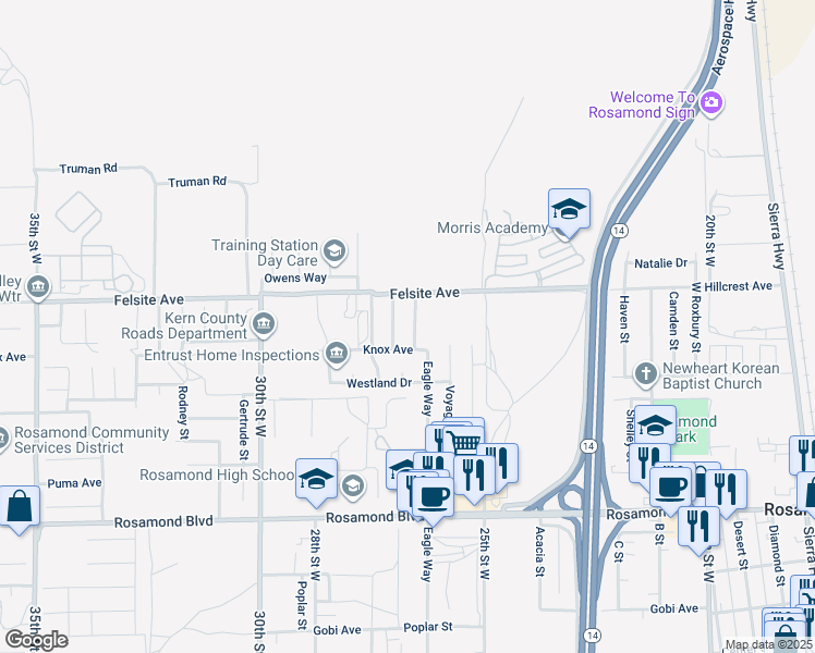 map of restaurants, bars, coffee shops, grocery stores, and more near 3425 Starjet Street in Rosamond