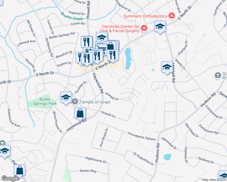 map of restaurants, bars, coffee shops, grocery stores, and more near 3706 East North Street in Greenville