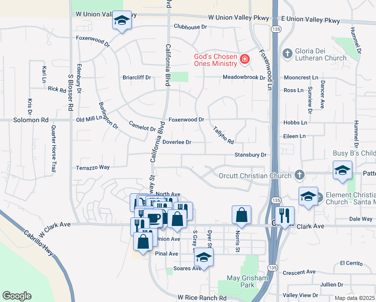 map of restaurants, bars, coffee shops, grocery stores, and more near 655 Stansbury Drive in Santa Maria