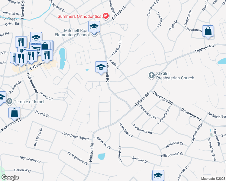 map of restaurants, bars, coffee shops, grocery stores, and more near 100 Mitchell Road in Greenville