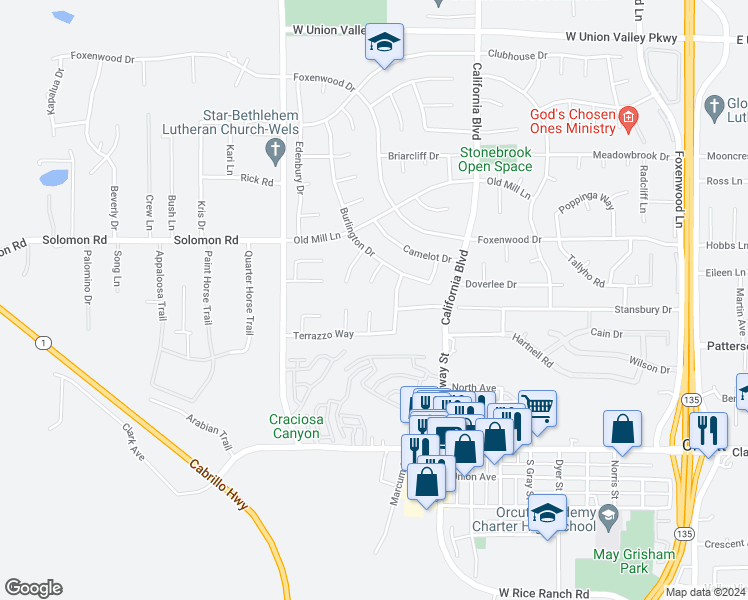 map of restaurants, bars, coffee shops, grocery stores, and more near 4680 Blackstone Court in Santa Maria