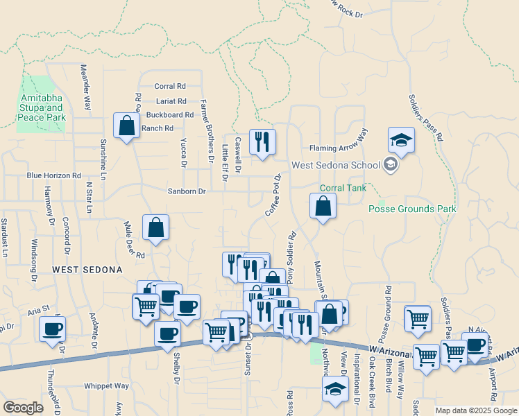map of restaurants, bars, coffee shops, grocery stores, and more near 60 Coffee Cup Drive in Sedona