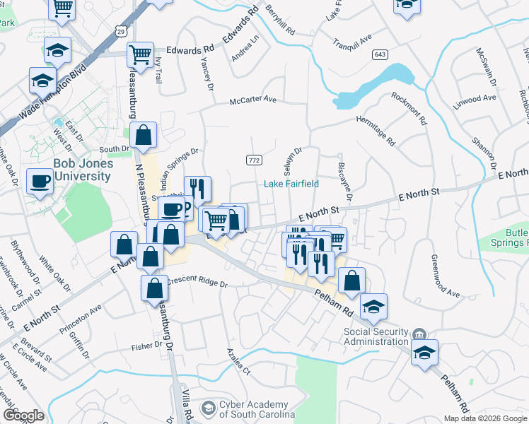 map of restaurants, bars, coffee shops, grocery stores, and more near 133 Glenwood Road in Greenville