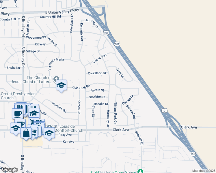 map of restaurants, bars, coffee shops, grocery stores, and more near 1424 Oak Knoll Road in Orcutt