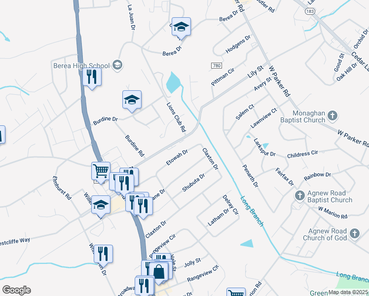 map of restaurants, bars, coffee shops, grocery stores, and more near 29 Etowah Drive in Greenville