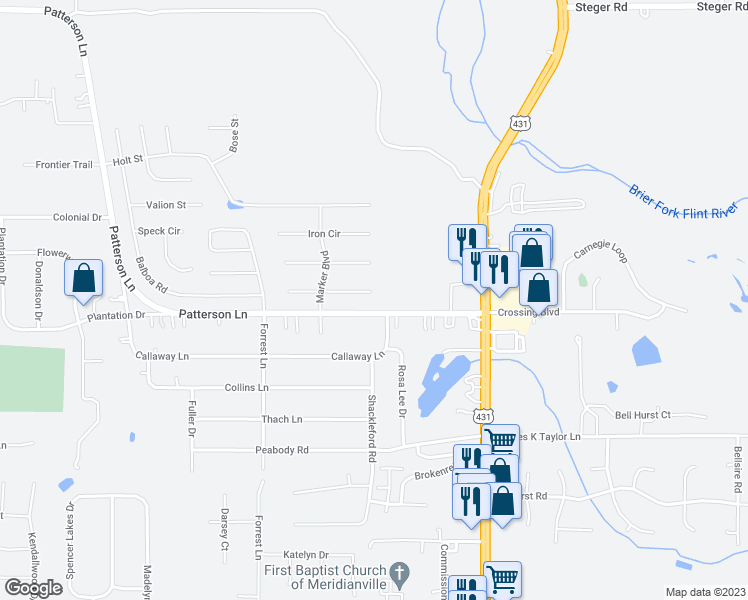map of restaurants, bars, coffee shops, grocery stores, and more near 202 Balota Street in Meridianville