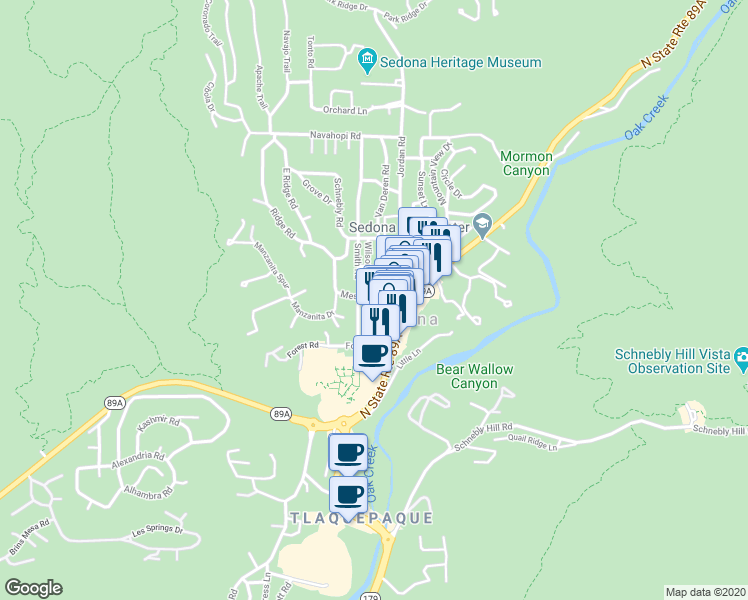 map of restaurants, bars, coffee shops, grocery stores, and more near 299 Van Deren Street in Sedona