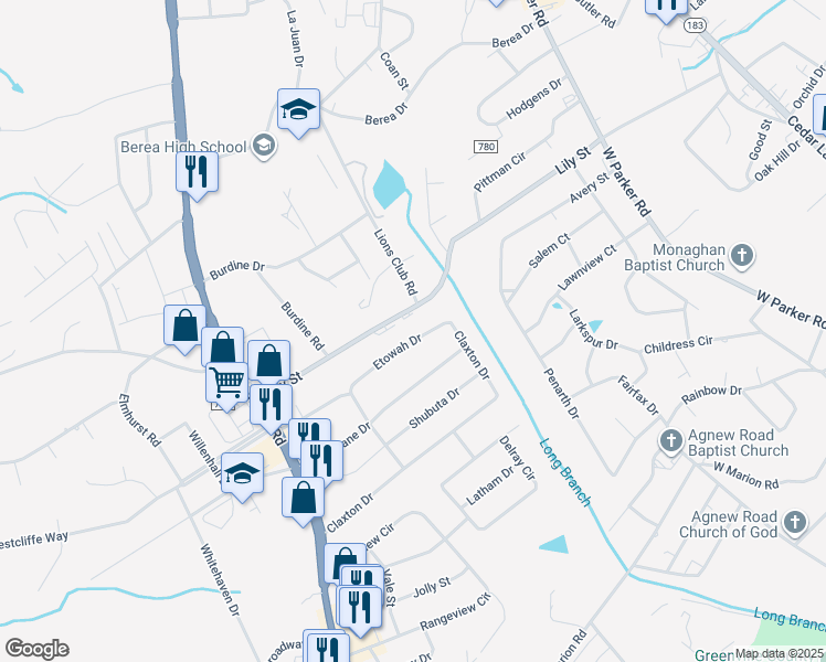 map of restaurants, bars, coffee shops, grocery stores, and more near 29 Etowah Drive in Greenville