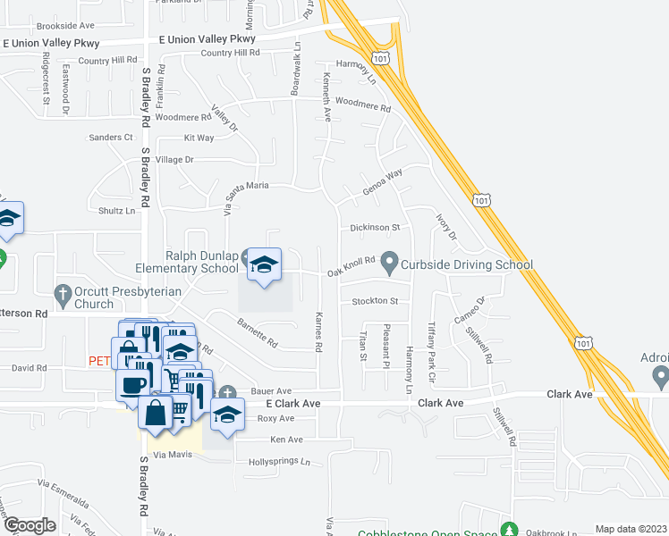 map of restaurants, bars, coffee shops, grocery stores, and more near 4619 Kenneth Avenue in Santa Maria