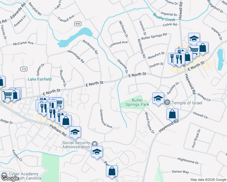 map of restaurants, bars, coffee shops, grocery stores, and more near 101 Cutler Way in Greenville