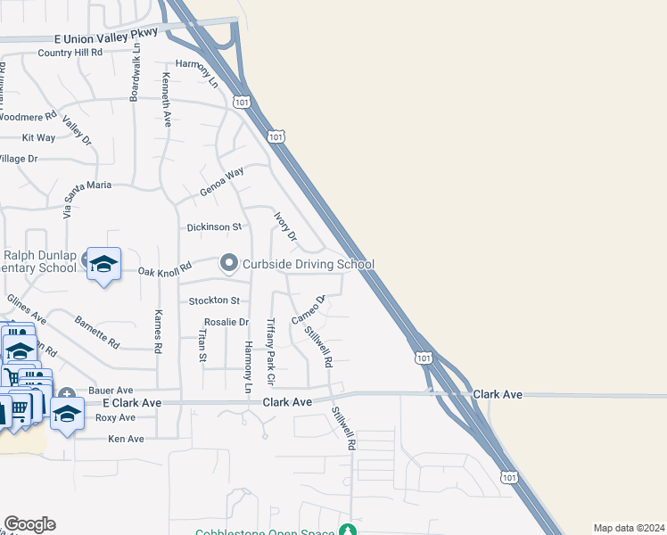 map of restaurants, bars, coffee shops, grocery stores, and more near 1587 Oak Knoll Road in Santa Maria