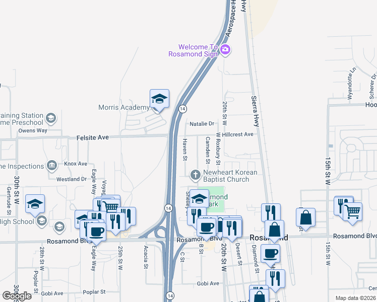 map of restaurants, bars, coffee shops, grocery stores, and more near 3236 Shelley Street in Rosamond