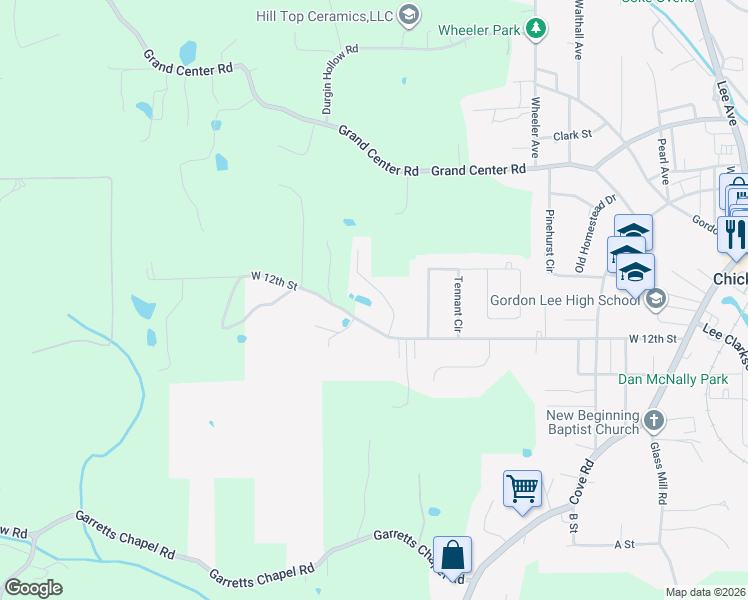 map of restaurants, bars, coffee shops, grocery stores, and more near 771 West 12th Street in Chickamauga