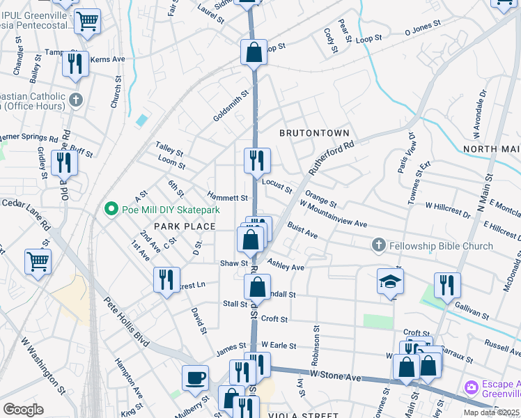 map of restaurants, bars, coffee shops, grocery stores, and more near 302 Poinsett Highway in Greenville