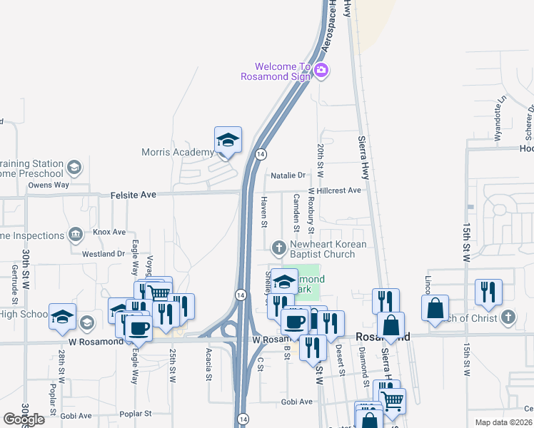 map of restaurants, bars, coffee shops, grocery stores, and more near 3424 Haven Street in Rosamond