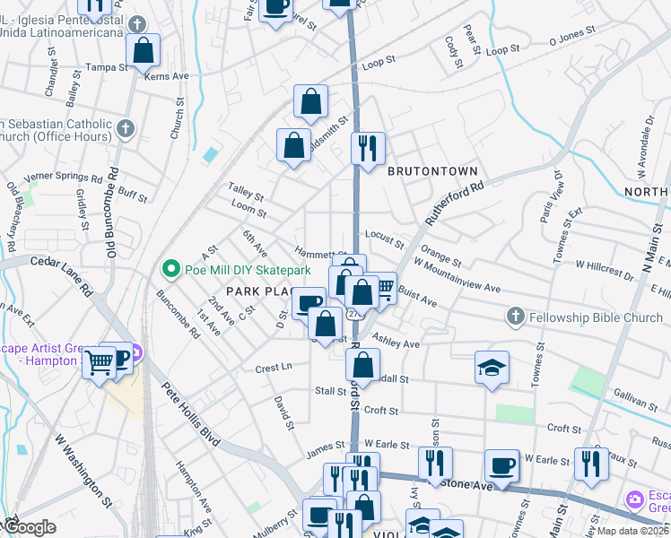 map of restaurants, bars, coffee shops, grocery stores, and more near 214 Orders Street in Greenville