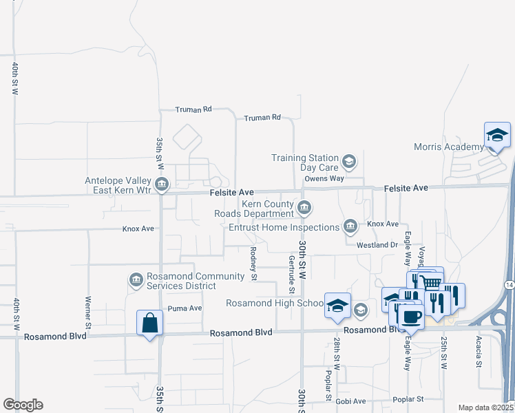 map of restaurants, bars, coffee shops, grocery stores, and more near 3418 Rodney Street in Rosamond