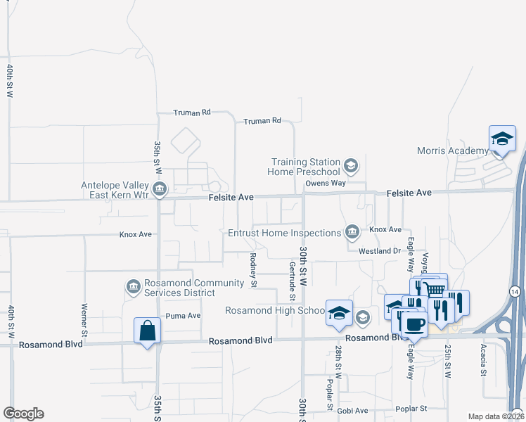 map of restaurants, bars, coffee shops, grocery stores, and more near 3419 Amber Street in Rosamond