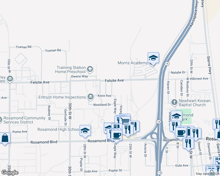 map of restaurants, bars, coffee shops, grocery stores, and more near 3433 Starjet Street in Rosamond