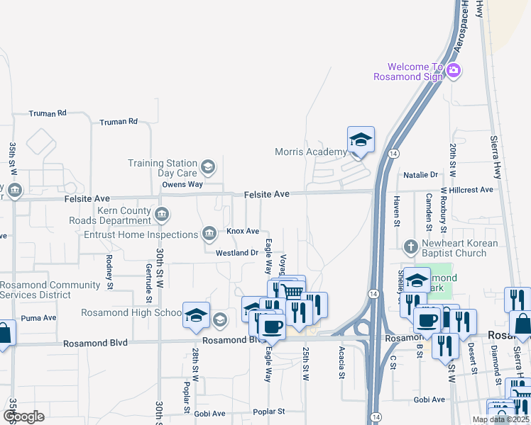 map of restaurants, bars, coffee shops, grocery stores, and more near 3432 Starjet Street in Rosamond