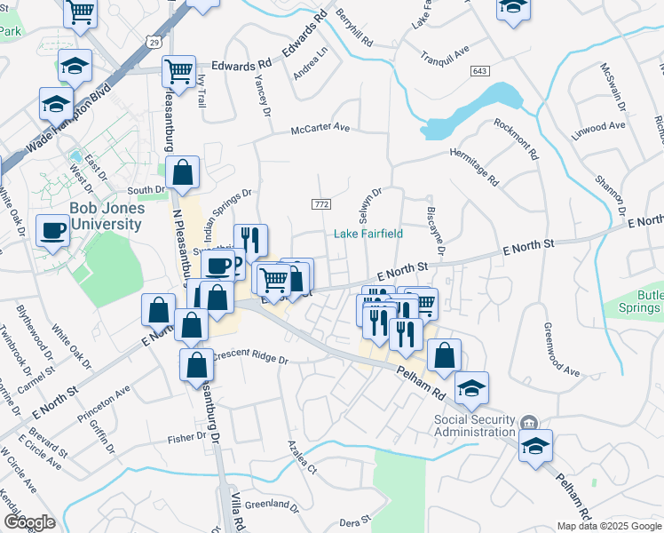 map of restaurants, bars, coffee shops, grocery stores, and more near 50 Glenwood Road in Greenville