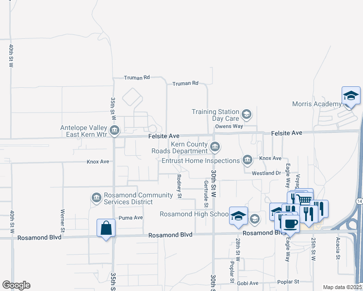 map of restaurants, bars, coffee shops, grocery stores, and more near 3418 Rodney Street in Rosamond