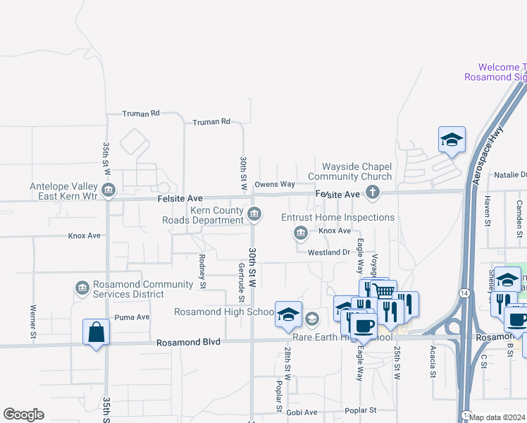 map of restaurants, bars, coffee shops, grocery stores, and more near 130th Street West in Willow Springs