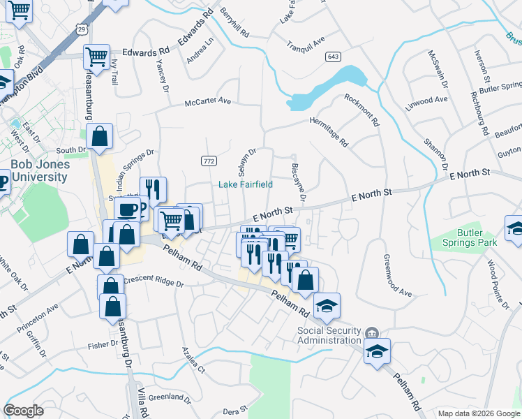 map of restaurants, bars, coffee shops, grocery stores, and more near 2 Timberlake Drive in Greenville