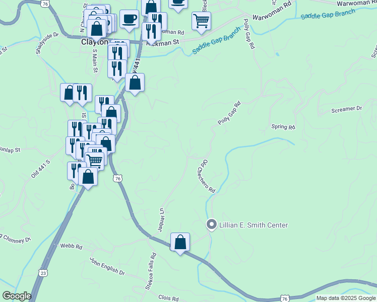 map of restaurants, bars, coffee shops, grocery stores, and more near 527 Old Chechero Road in Clayton