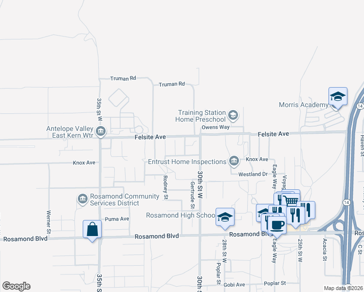 map of restaurants, bars, coffee shops, grocery stores, and more near 3419 Dakota Street in Rosamond