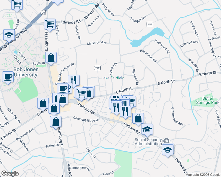 map of restaurants, bars, coffee shops, grocery stores, and more near 3 Selwyn Drive in Greenville
