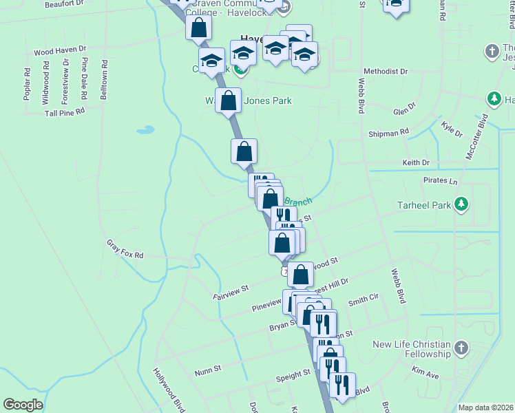 map of restaurants, bars, coffee shops, grocery stores, and more near 111 Hollywood Boulevard in Havelock