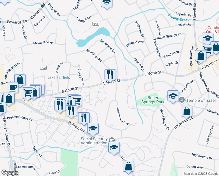 map of restaurants, bars, coffee shops, grocery stores, and more near 3008 East North Street in Greenville