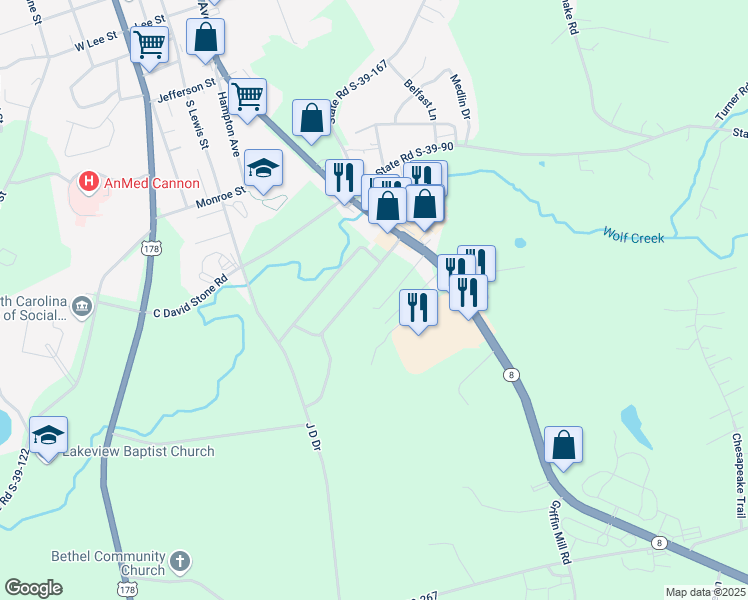 map of restaurants, bars, coffee shops, grocery stores, and more near 138 Dodgens Drive in Pickens