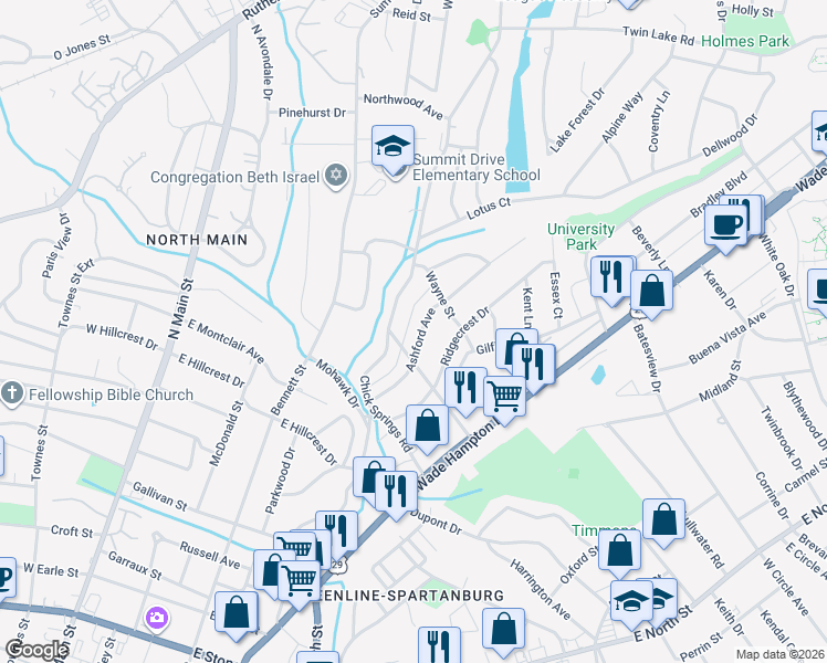 map of restaurants, bars, coffee shops, grocery stores, and more near 109 Ashford Avenue in Greenville
