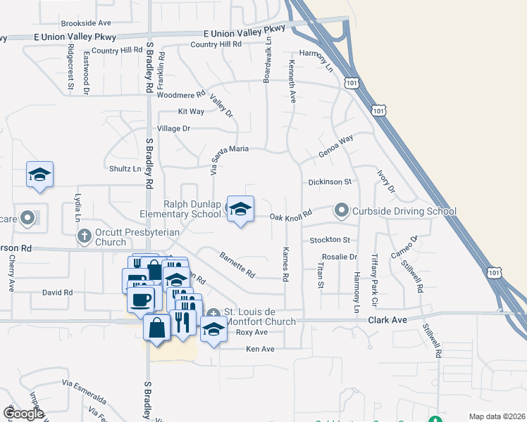 map of restaurants, bars, coffee shops, grocery stores, and more near 1261 Oak Knoll Road in Santa Maria