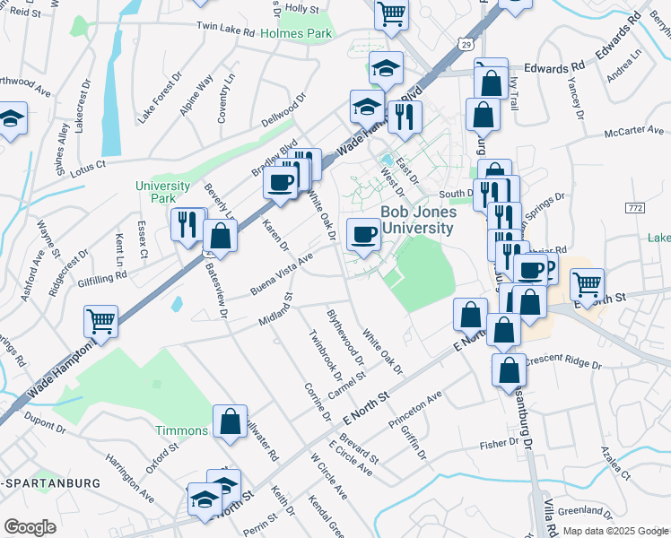 map of restaurants, bars, coffee shops, grocery stores, and more near 119 Karen Drive in Greenville