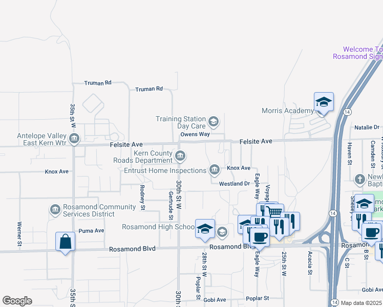 map of restaurants, bars, coffee shops, grocery stores, and more near 130th Street West in Willow Springs